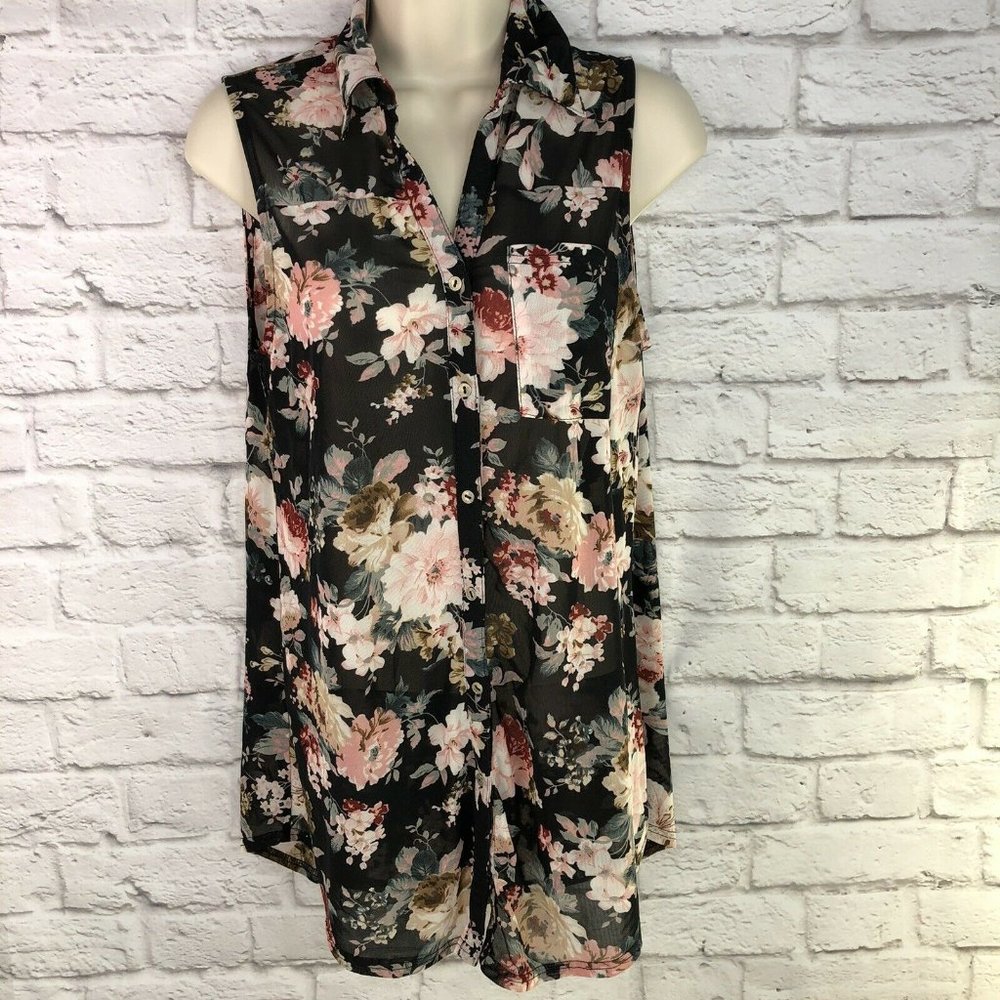 Ember Top S Black Sheer Floral Sleeveless Collared